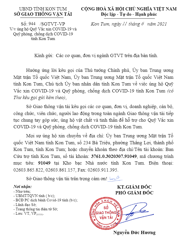 Ủng hộ Quỹ Vắc xin COVID-19 và Quỹ phòng, chống dịch COVID-19 tỉnh Kon Tum